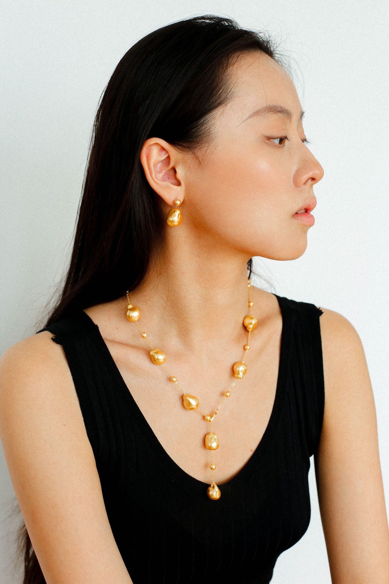 Long Y - shaped Faux Baroque Chain Necklace - floysun