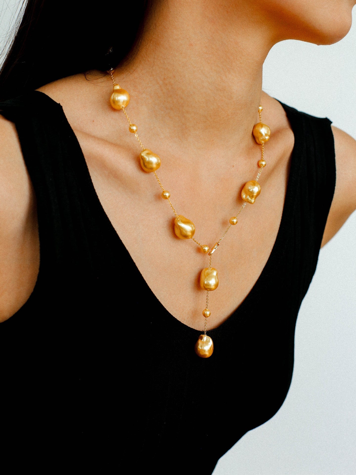 Long Y - shaped Faux Baroque Chain Necklace - floysun