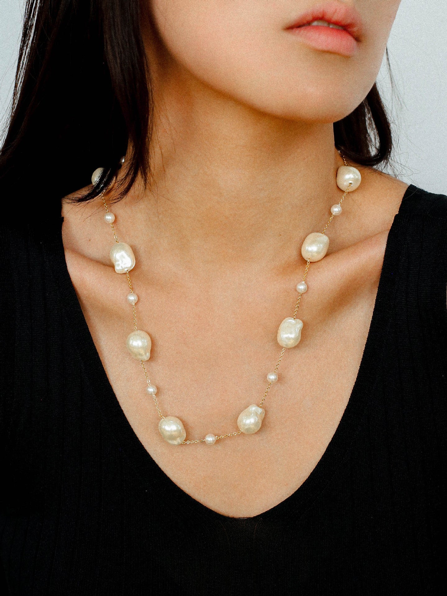 Long Y - shaped Faux Baroque Chain Necklace - floysun