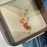 Lucky Cat Pendant Necklace – 925 Sterling Silver with Pink Gem & Gold Coin - floysun