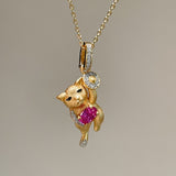 Lucky Cat Pendant Necklace – 925 Sterling Silver with Pink Gem & Gold Coin - floysun