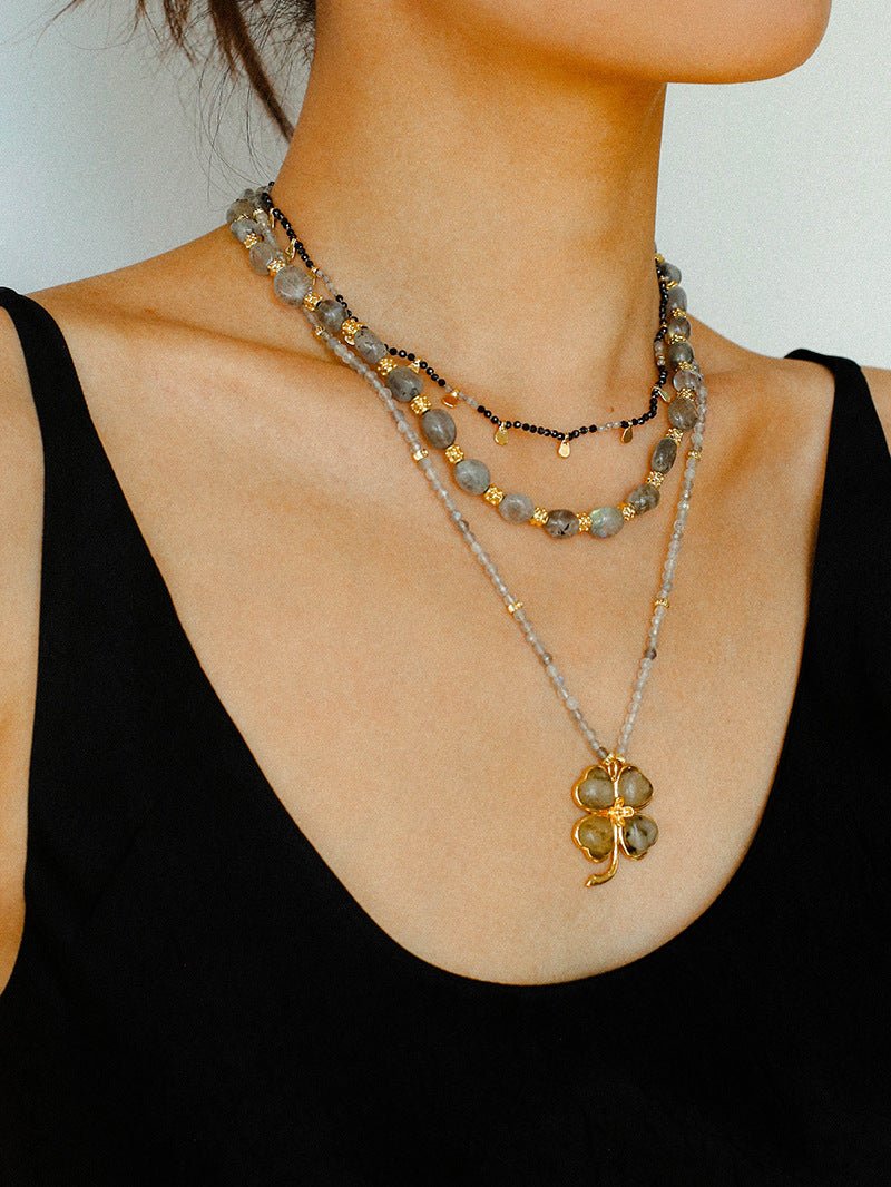 Lucky Four - leaf Clover Labradorite Charm Necklace - floysun