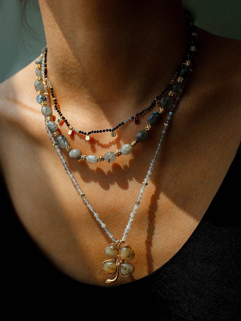 Lucky Four - leaf Clover Labradorite Charm Necklace - floysun