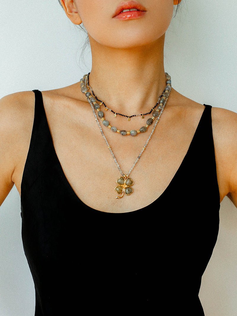 Lucky Four - leaf Clover Labradorite Charm Necklace - floysun