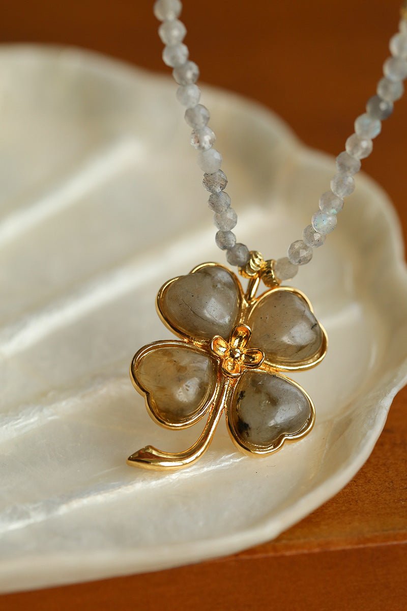 Lucky Four - leaf Clover Labradorite Charm Necklace - floysun