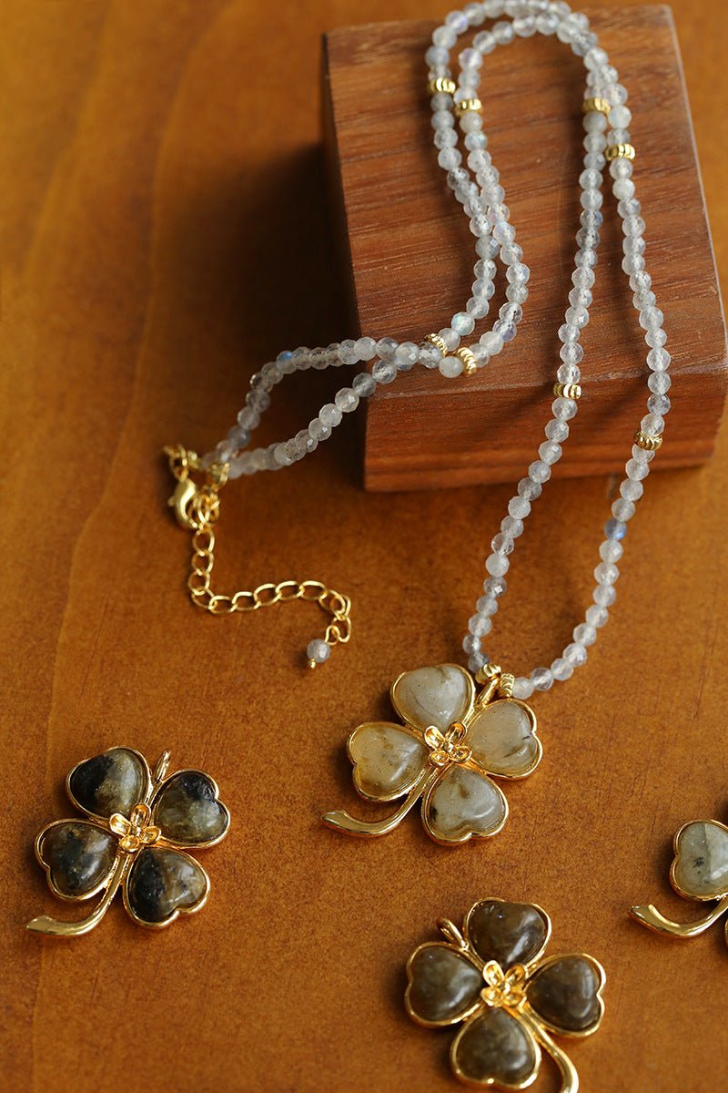 Lucky Four - leaf Clover Labradorite Charm Necklace - floysun