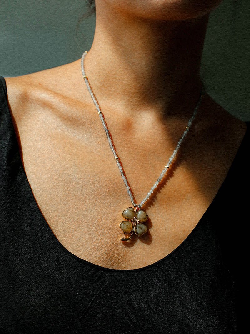Lucky Four - leaf Clover Labradorite Charm Necklace - floysun