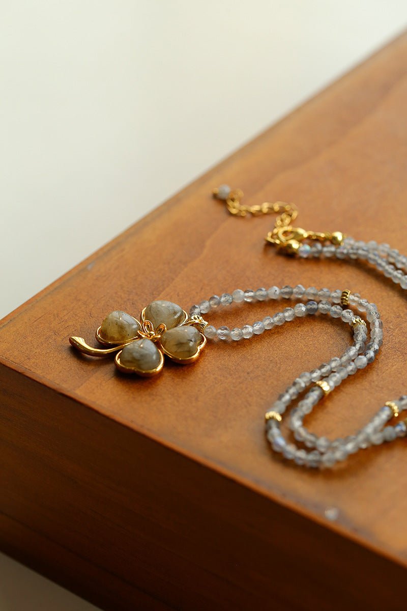 Lucky Four - leaf Clover Labradorite Charm Necklace - floysun