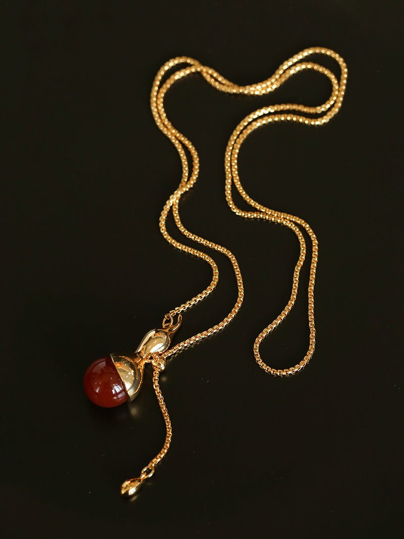 Lucky Gourd Red Agate Necklace – Adjustable Long Natural Stone Pendant - floysun