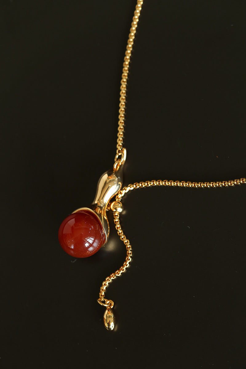Lucky Gourd Red Agate Necklace – Adjustable Long Natural Stone Pendant - floysun