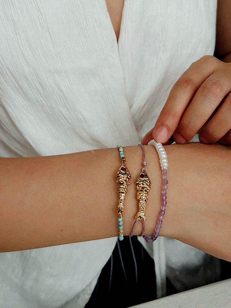 Lucky Little Fish Bracelet Turquoise Beads or Pink Cord - floysun