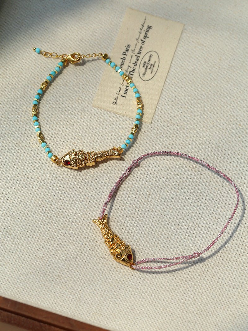 Lucky Little Fish Bracelet Turquoise Beads or Pink Cord - floysun
