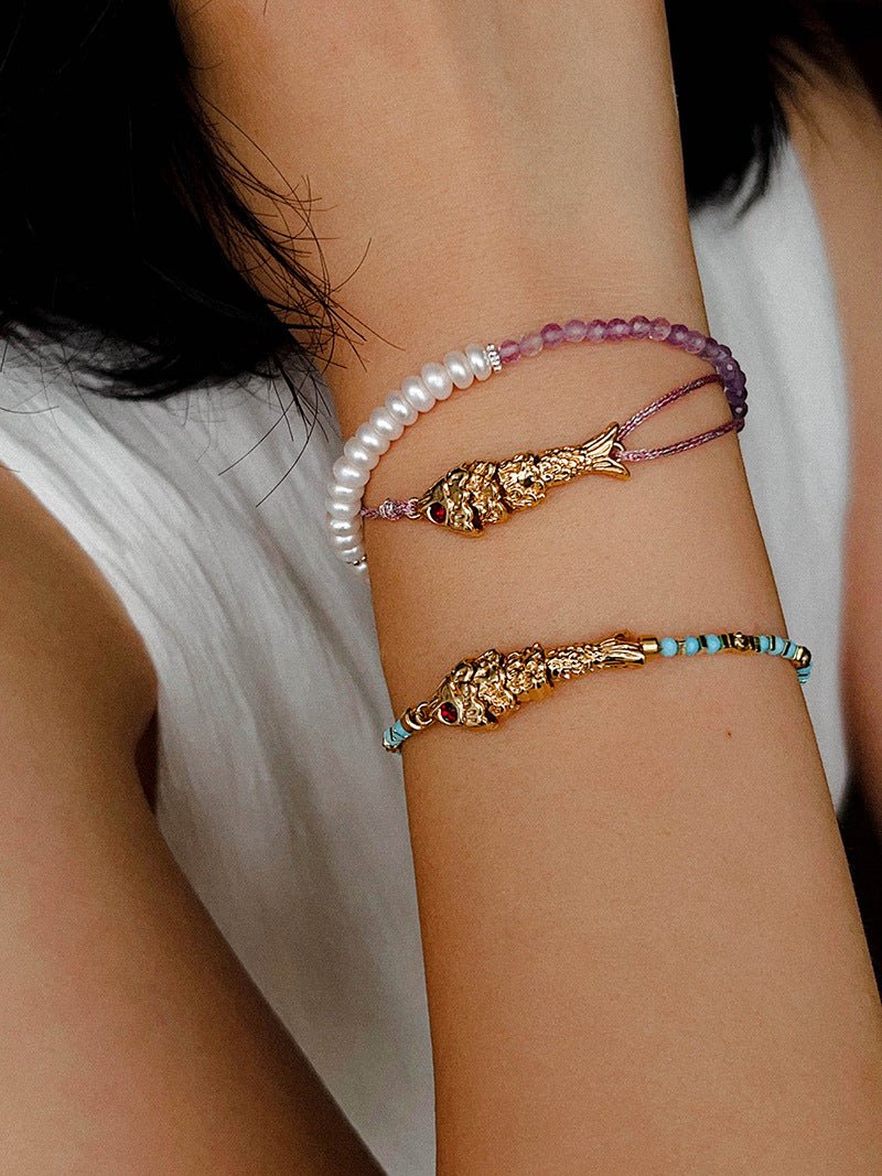 Lucky Little Fish Bracelet Turquoise Beads or Pink Cord - floysun