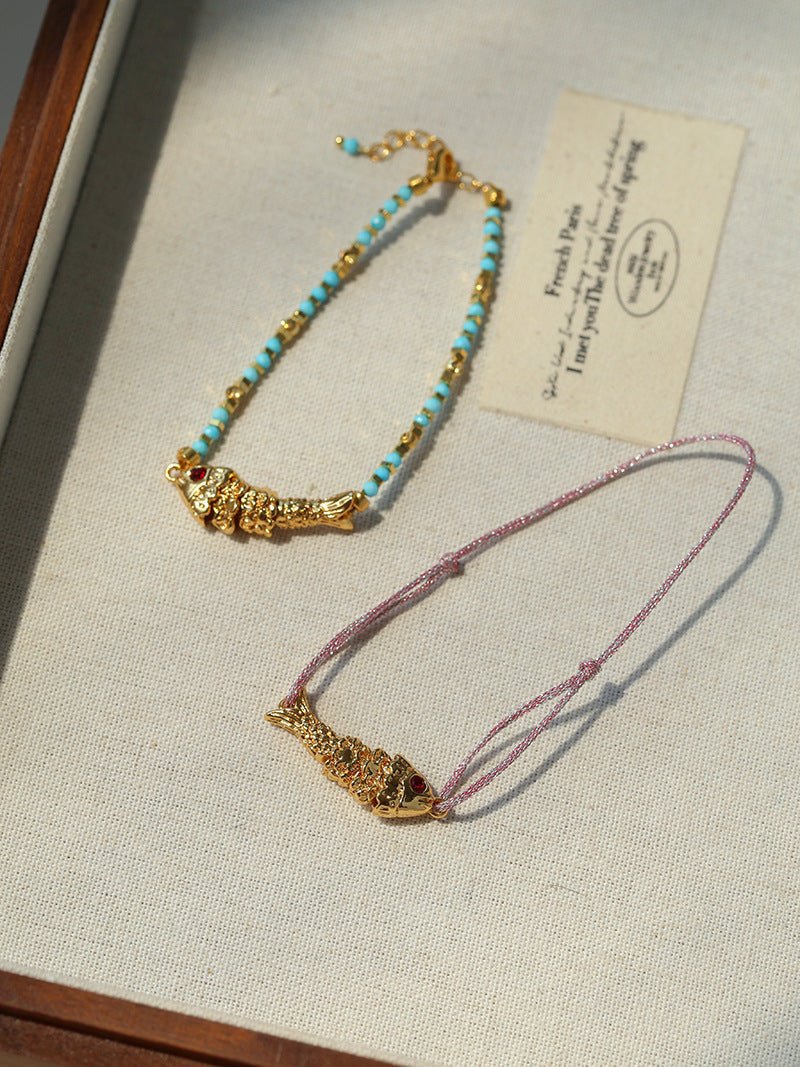 Lucky Little Fish Bracelet Turquoise Beads or Pink Cord - floysun