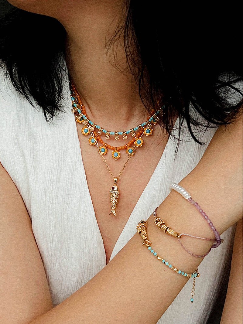Lucky Little Fish Bracelet Turquoise Beads or Pink Cord - floysun