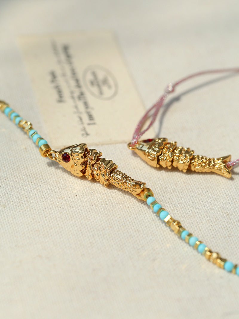 Lucky Little Fish Bracelet Turquoise Beads or Pink Cord - floysun