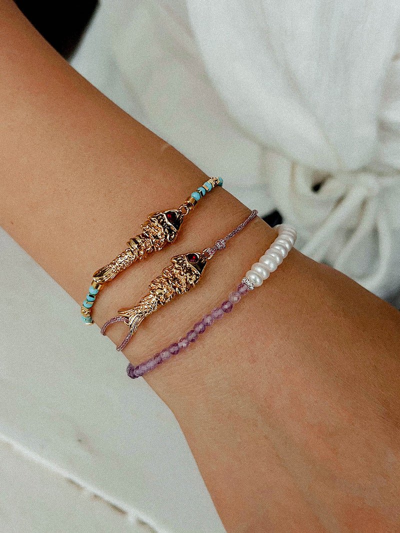 Lucky Little Fish Bracelet Turquoise Beads or Pink Cord - floysun