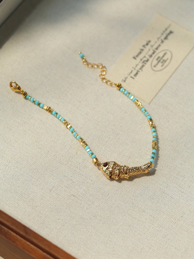 Lucky Little Fish Bracelet Turquoise Beads or Pink Cord - floysun
