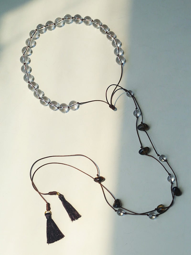 Lunar Drift – White Quartz & Smoky Quartz Open - Ended Tassel Necklace - floysun