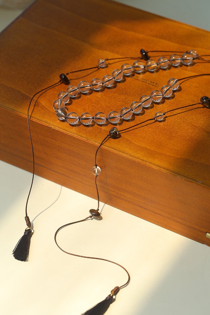 Lunar Drift – White Quartz & Smoky Quartz Open - Ended Tassel Necklace - floysun
