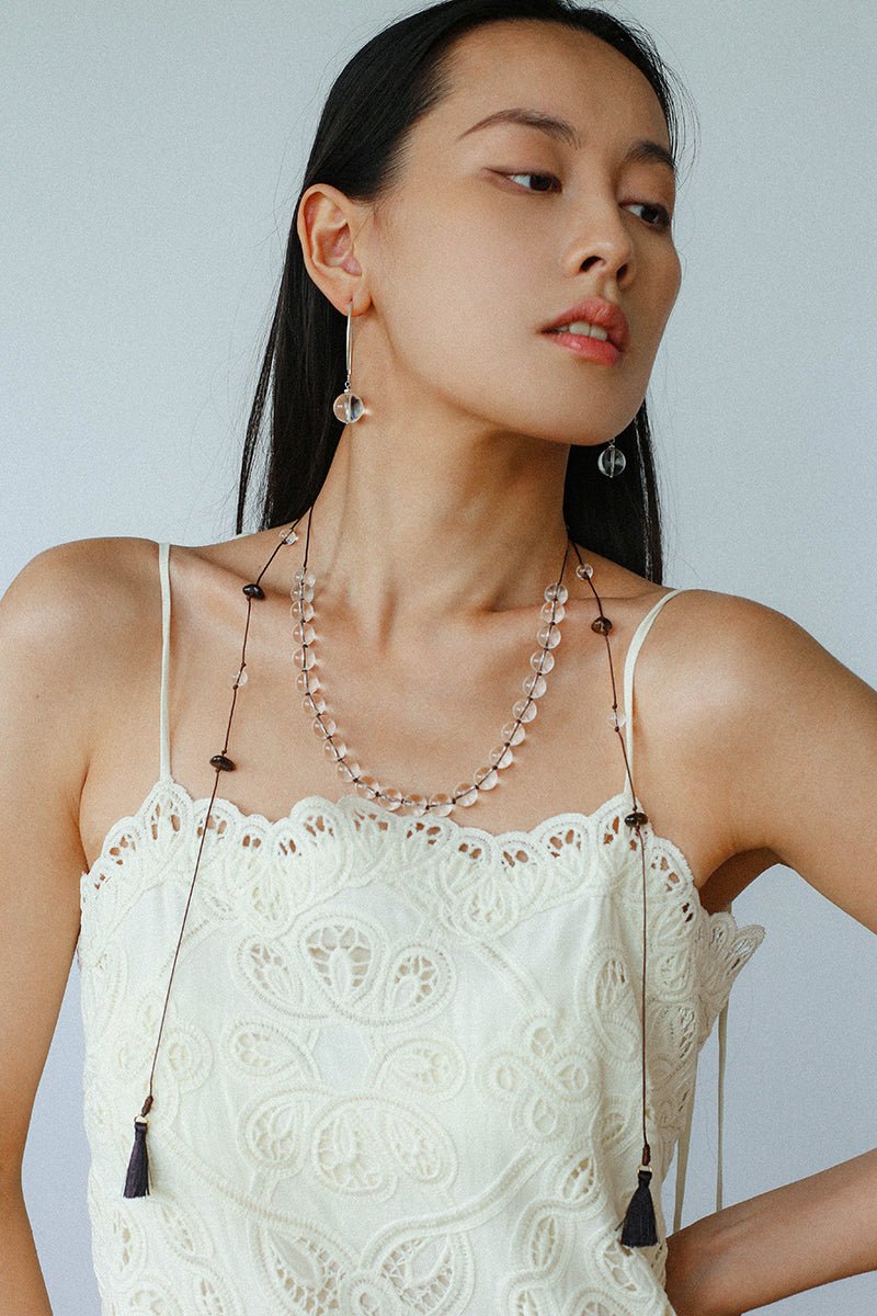 Lunar Drift – White Quartz & Smoky Quartz Open - Ended Tassel Necklace - floysun