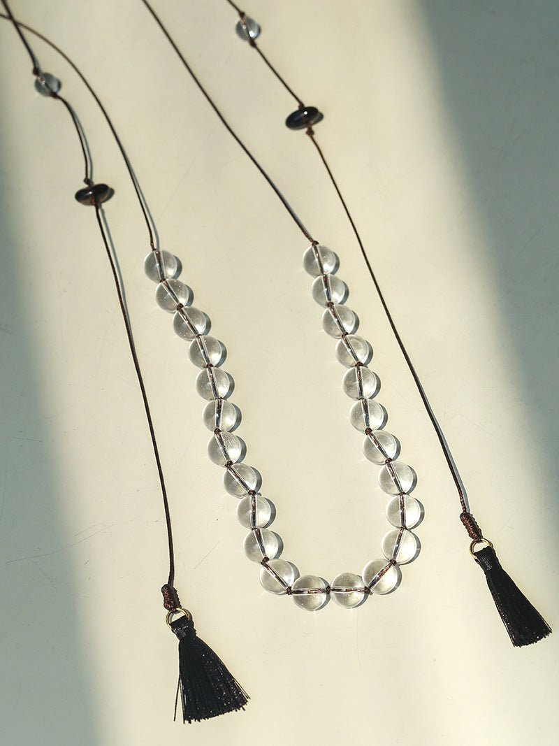 Lunar Drift – White Quartz & Smoky Quartz Open - Ended Tassel Necklace - floysun
