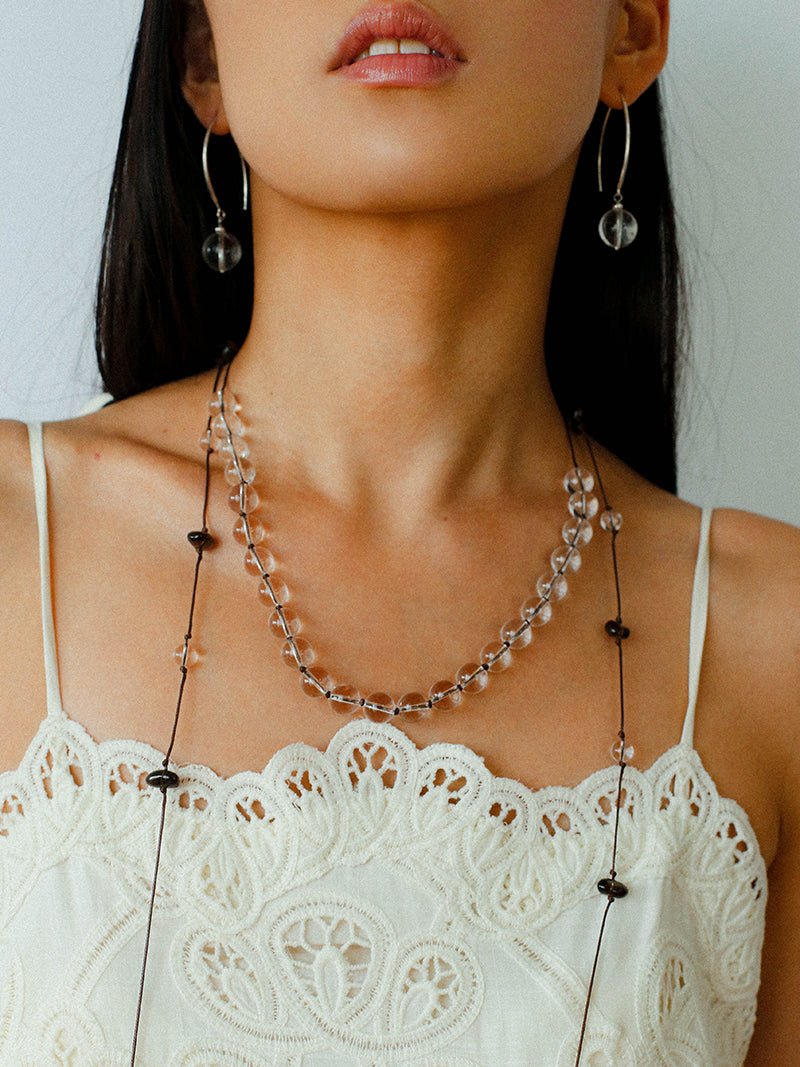 Lunar Drift – White Quartz & Smoky Quartz Open - Ended Tassel Necklace - floysun
