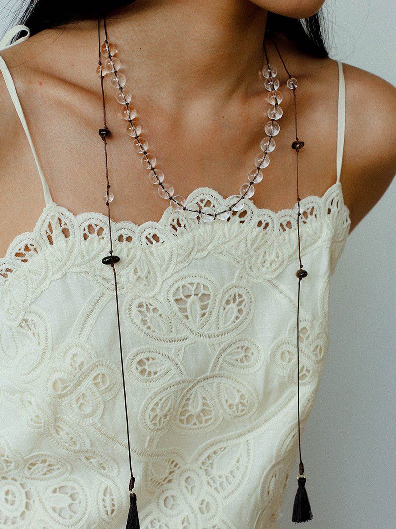 Lunar Drift – White Quartz & Smoky Quartz Open - Ended Tassel Necklace - floysun