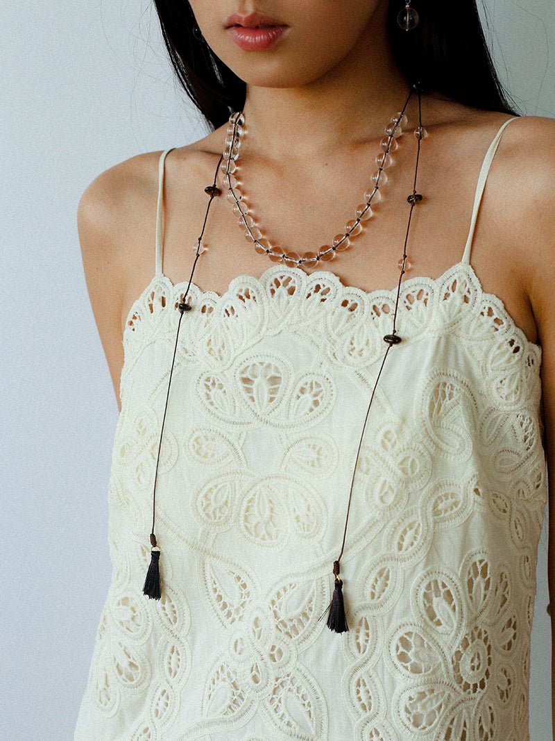 Lunar Drift – White Quartz & Smoky Quartz Open - Ended Tassel Necklace - floysun