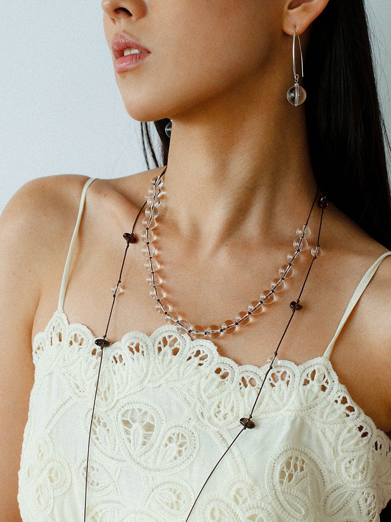 Lunar Drift – White Quartz & Smoky Quartz Open - Ended Tassel Necklace - floysun
