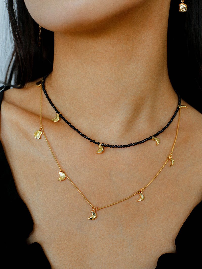 Lunar Phases Black Onyx Beaded Necklace - floysun