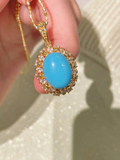 Luxury Full Pavé Turquoise - Blue Halo Pendant Necklace - floysun