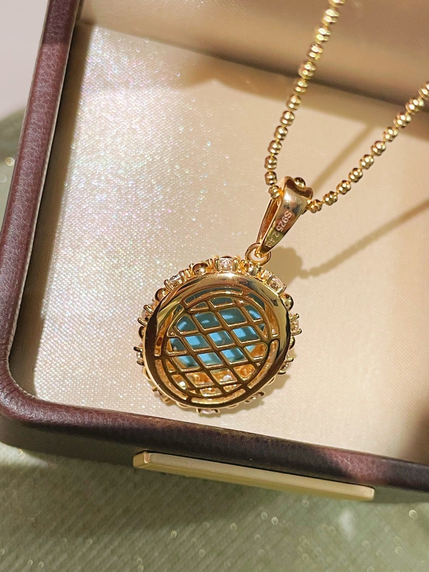 Luxury Full Pavé Turquoise - Blue Halo Pendant Necklace - floysun