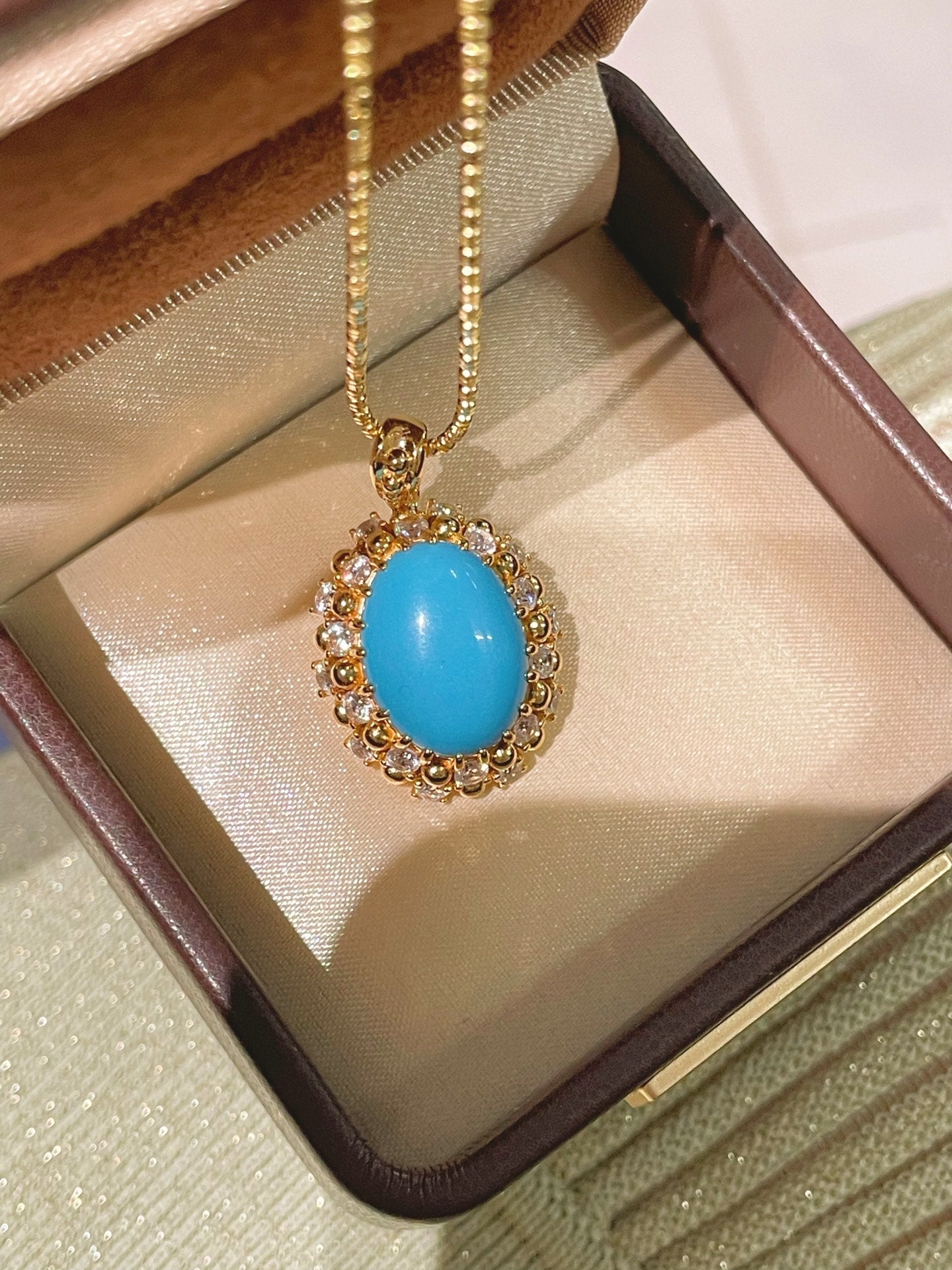 Luxury Full Pavé Turquoise - Blue Halo Pendant Necklace - floysun