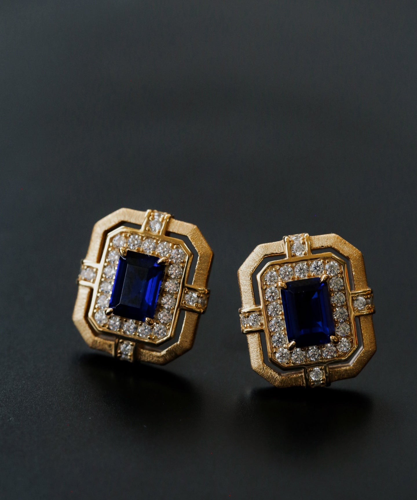 Matte Gold Square Hollow Diamond Wrapped Sapphire Stud Earrings - floysun