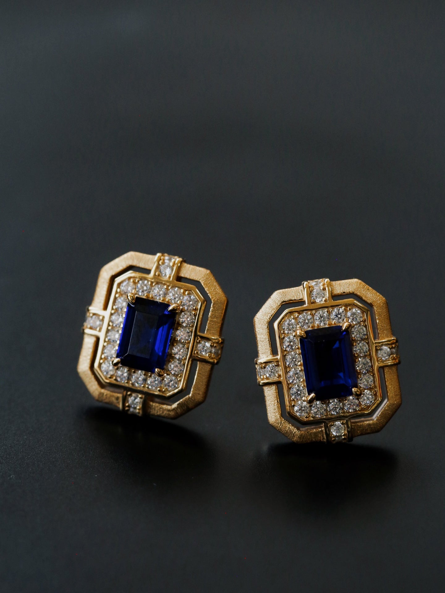 Matte Gold Square Hollow Diamond Wrapped Sapphire Stud Earrings - floysun
