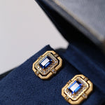 Matte Gold Square Hollow Diamond Wrapped Sapphire Stud Earrings - floysun