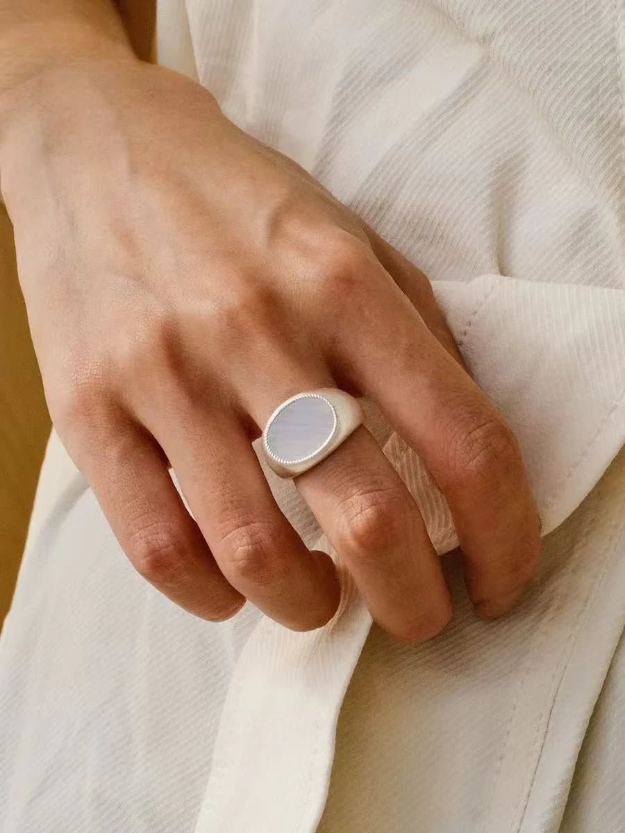 Matte Sterling Silver Semi - Precious Series 925 Silver Oval Ring - floysun