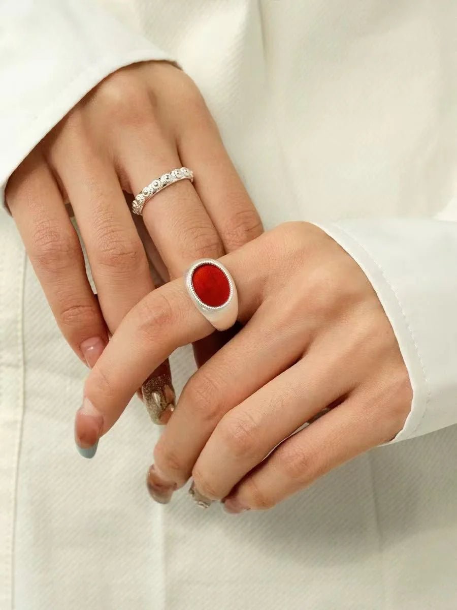 Matte Sterling Silver Semi - Precious Series 925 Silver Oval Ring - floysun