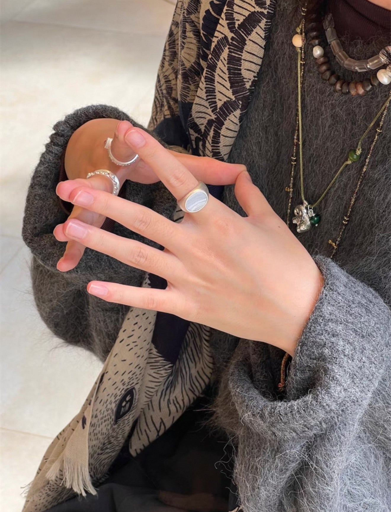 Matte Sterling Silver Semi - Precious Series 925 Silver Oval Ring - floysun