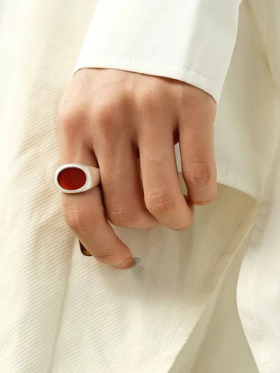 Matte Sterling Silver Semi - Precious Series 925 Silver Oval Ring - floysun