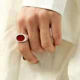 Matte Sterling Silver Semi - Precious Series 925 Silver Oval Ring - floysun