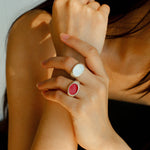 Matte Sterling Silver Semi - Precious Series 925 Silver Oval Ring - Red Agate - floysun