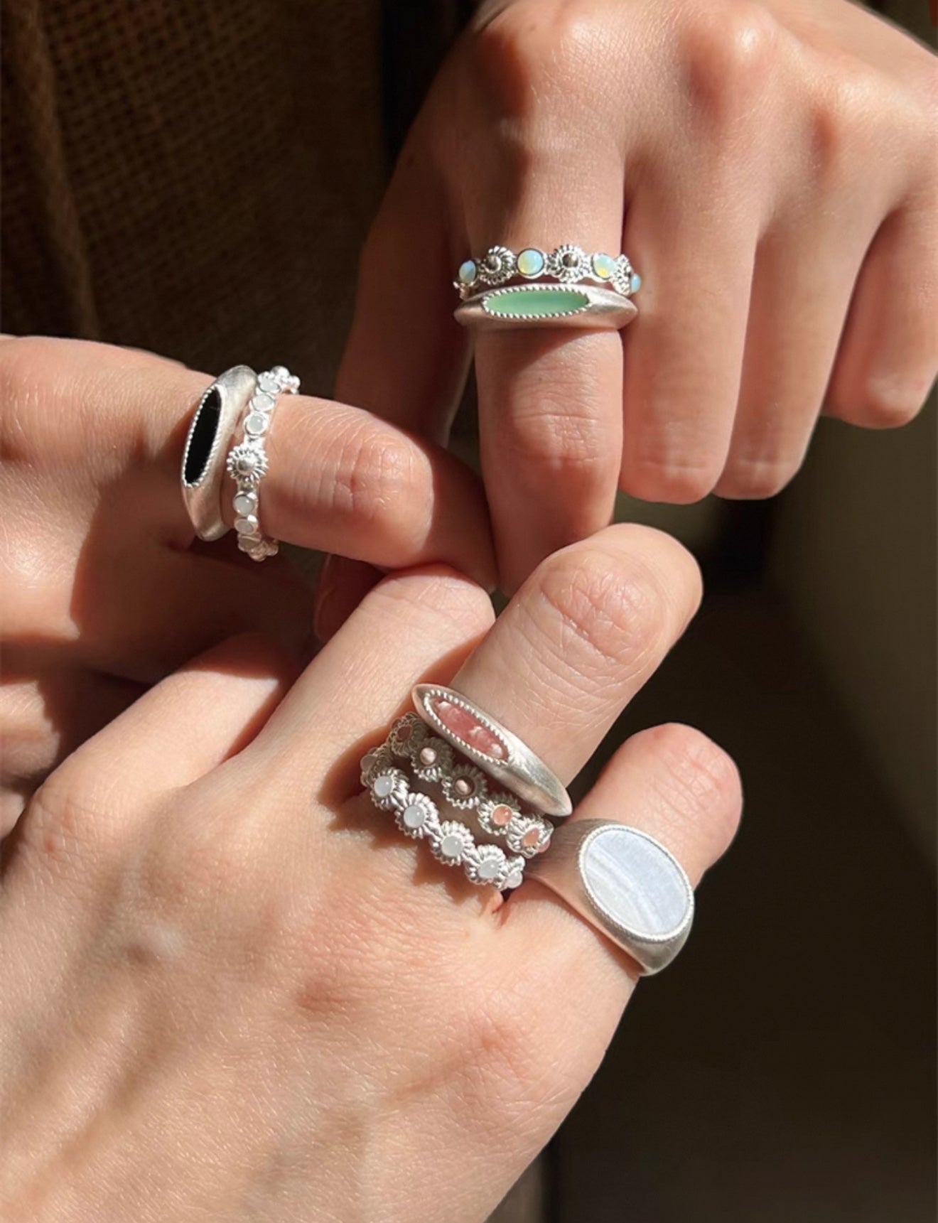 Matte Sterling Silver Semi - Precious Series Band Ring - floysun