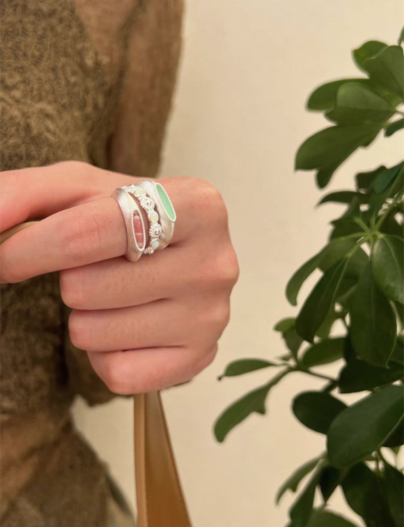 Matte Sterling Silver Semi - Precious Series Band Ring - floysun
