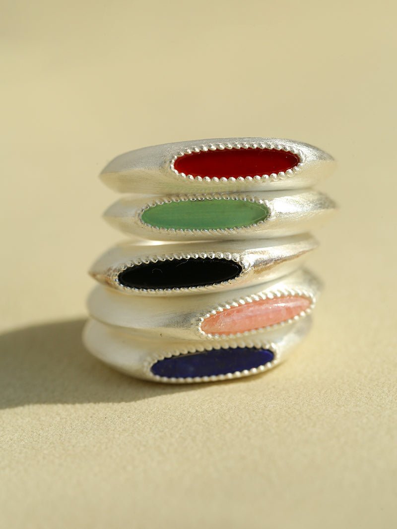 Matte Sterling Silver Semi - Precious Series Band Ring - floysun