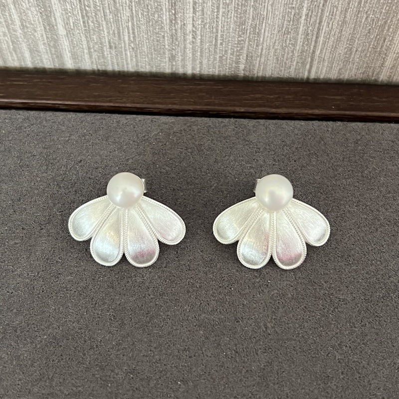 Matte Sterling Silver Series Soma Flower Pearls Earrings - floysun