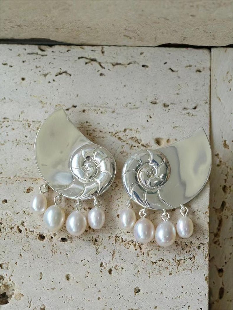 Metallic Conch Pearl Statement Drop Earrings - floysun