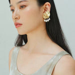 Metallic Conch Pearl Statement Drop Earrings - floysun