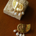 Metallic Conch Pearl Statement Drop Earrings - floysun